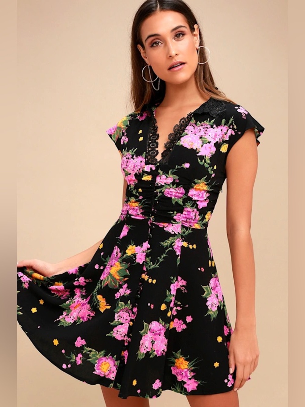 #104~ Free People Black Floral Lace-Trim Mini Dress